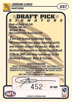 2005 Select Tradition AFL - Draft Pick Signatures #DS7 Jordan Lewis Back